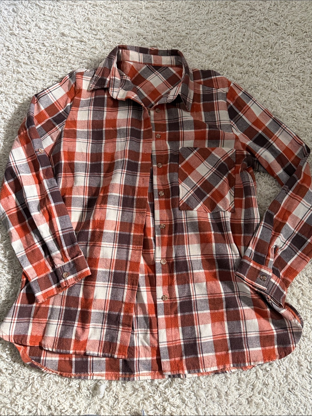 Mens Orange Plaid Button-Up Shirt